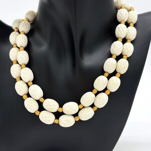 Vintage Crown Trifari Double Strand White Bead Necklace Gold Tone 80s Classic